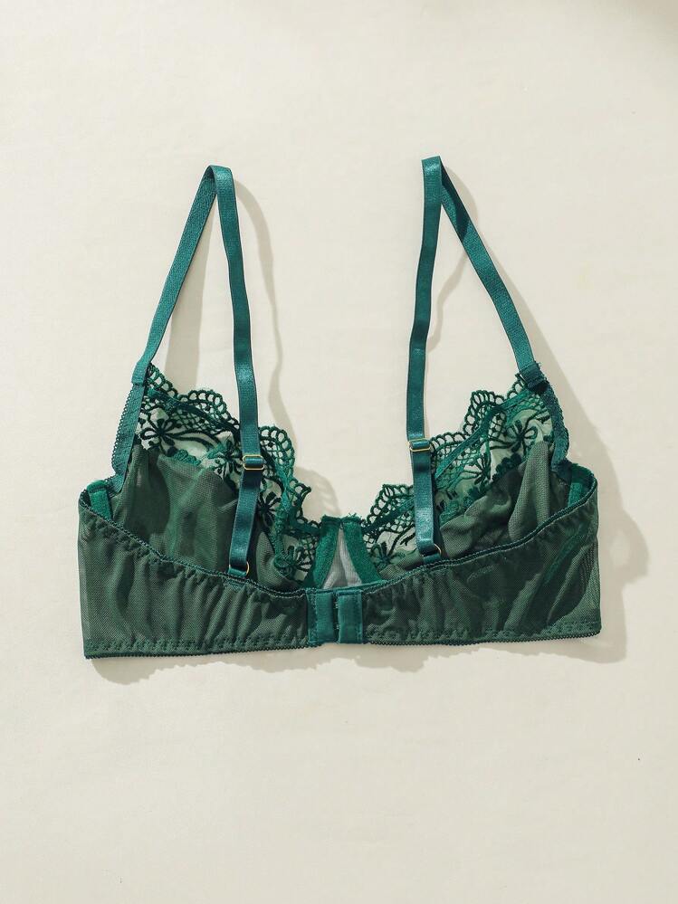 SHEIN Sujetador con aros y encaje de contraste lencería - Verde Oscuro - Añade 2