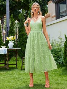 Simplee 荷葉邊蕾絲吊帶禮服裙 - 綠色 - 查看 3
