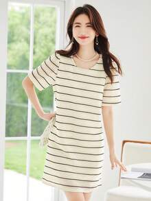 Striped Print Tee Dress - Beige - View 1