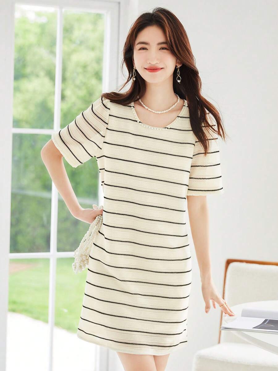 Striped Print Tee Dress - Beige - View 1