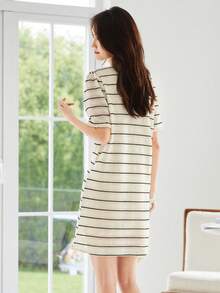 Striped Print Tee Dress - Beige - View 2
