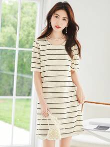 Striped Print Tee Dress - Beige - View 4