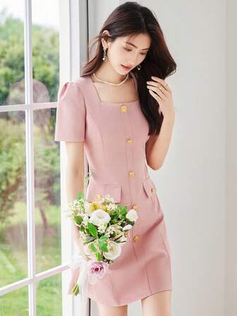 Square Neck Button Front Flap Detail Dress