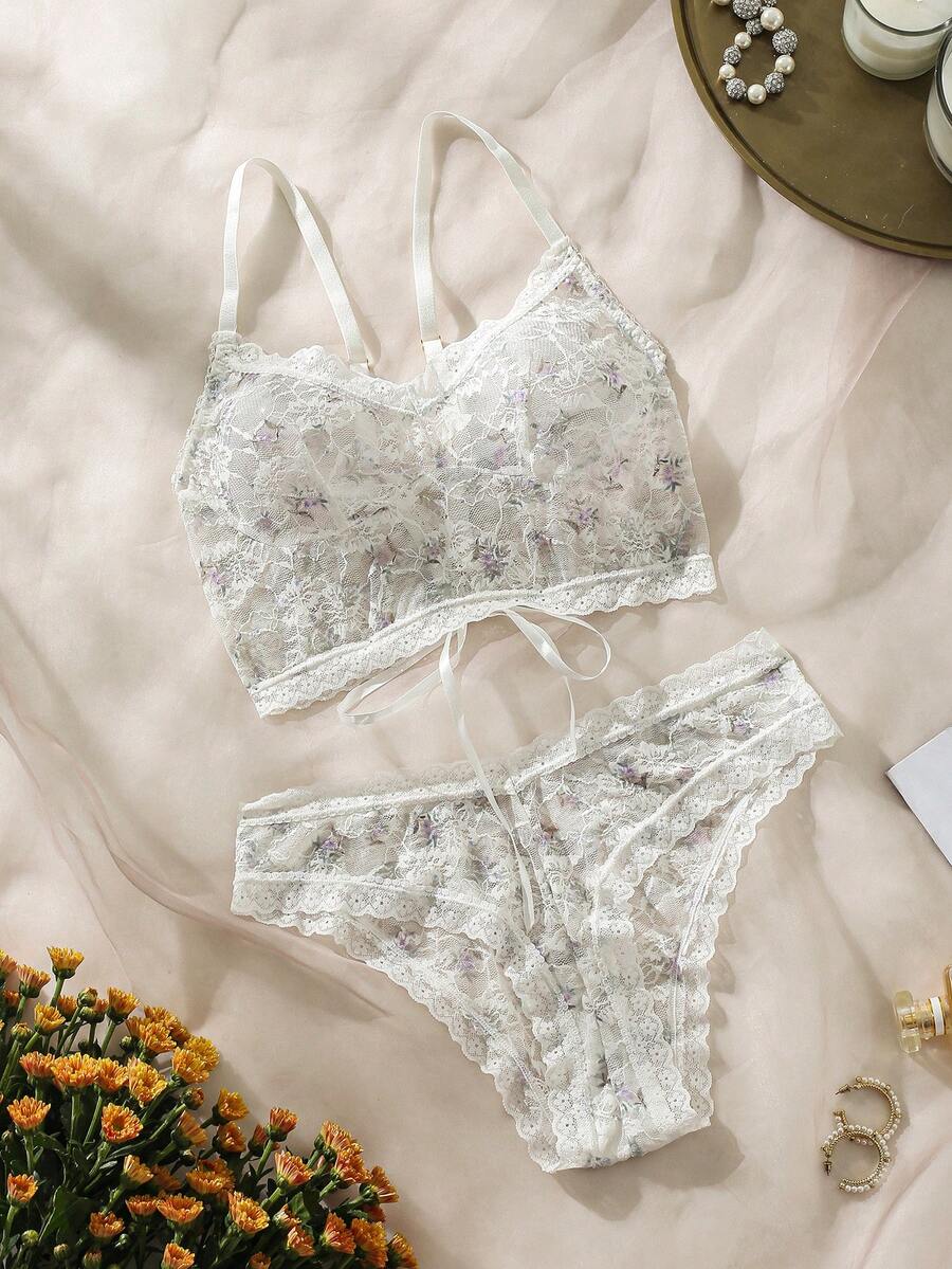 Floral Lace Lingerie Set - White - View 1
