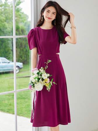 Solid Puff Sleeve Cut Out Waist Dress