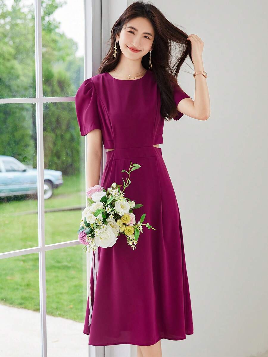 Solid Puff Sleeve Cut Out Waist Dress - Purple - View 1