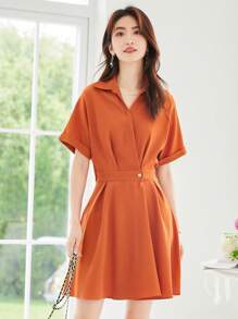 Solid Button Front Shirt Dress - Coral Orange - View 1