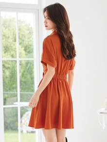 Solid Button Front Shirt Dress - Coral Orange - View 2