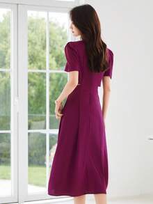 Solid Puff Sleeve Cut Out Waist Dress - Purple - View 2