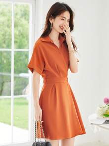 Solid Button Front Shirt Dress - Coral Orange - View 3