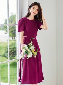 Solid Puff Sleeve Cut Out Waist Dress - Purple - View 3