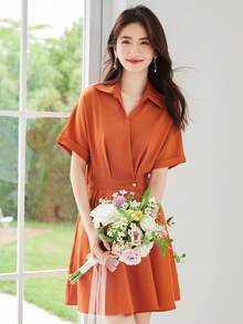 Solid Button Front Shirt Dress - Coral Orange - View 4