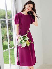 Solid Puff Sleeve Cut Out Waist Dress - Purple - View 4