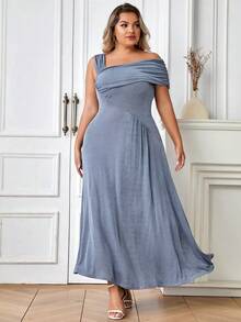 Đầm Plus Size Bất đối xứng Xù Dây kéo màu trơn Thanh lịch - Màu xanh bụi bặm - Xem 3