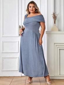 Đầm Plus Size Bất đối xứng Xù Dây kéo màu trơn Thanh lịch - Màu xanh bụi bặm - Xem 4