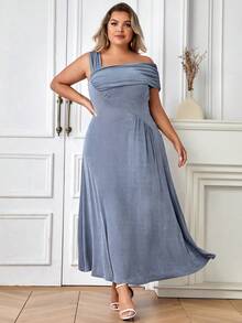 Đầm Plus Size Bất đối xứng Xù Dây kéo màu trơn Thanh lịch - Màu xanh bụi bặm - Xem 5