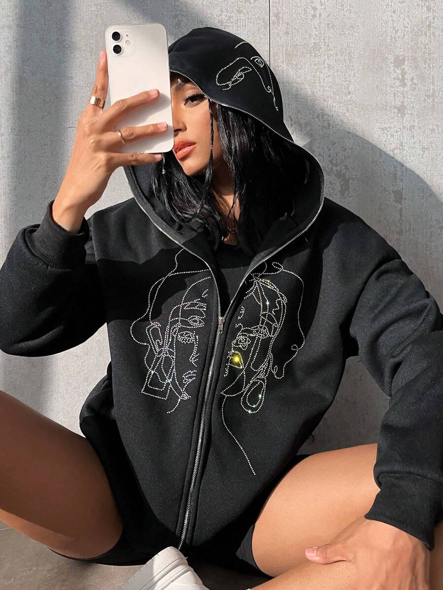 SHEIN MOOSTA 图案拉链落肩抽绳连帽衫 秋季卫衣 - 黑色 - 查看 1