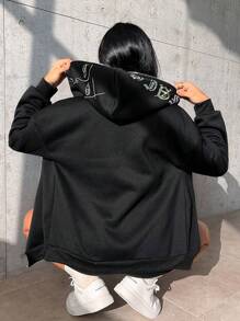 SHEIN MOOSTA 图案拉链落肩抽绳连帽衫 秋季卫衣 - 黑色 - 查看 2