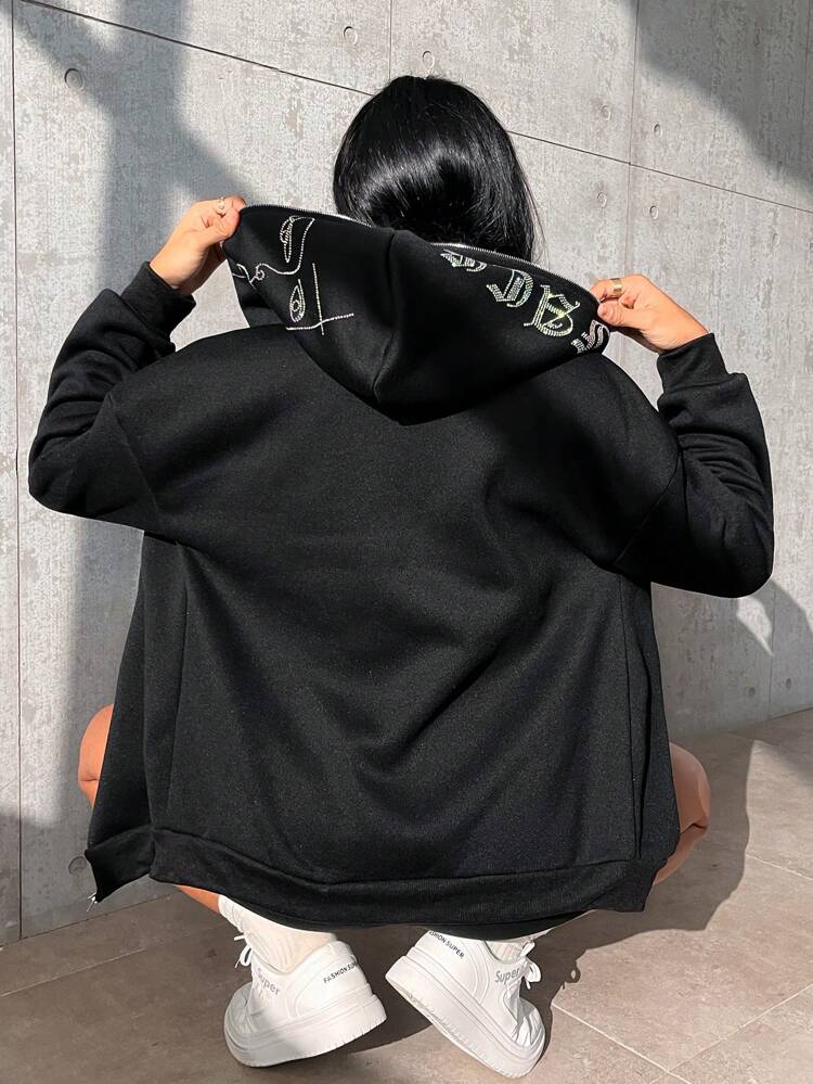 Figure Graphic Zip Up Drop Shoulder Drawstring Hoodie Fall Sweatshirt