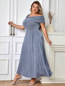 Đầm Plus Size Bất đối xứng Xù Dây kéo màu trơn Thanh lịch - Màu xanh bụi bặm - Xem 7