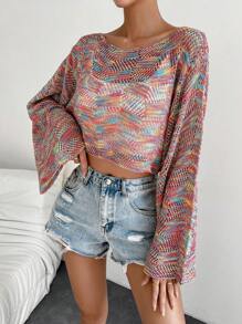 SHEIN Essnce Space Dye Trumpet Sleeve Open Knit Jumper Without Cami Top - Multicolor - View 1