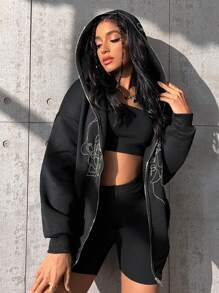 SHEIN MOOSTA 图案拉链落肩抽绳连帽衫 秋季卫衣 - 黑色 - 查看 4