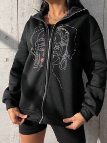 SHEIN MOOSTA 图案拉链落肩抽绳连帽衫 秋季卫衣 - 黑色 - 查看 6