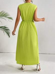 SHEIN Privé Chất rắn Tie Trước Váy chữ A - Màu xanh chanh - Xem 3