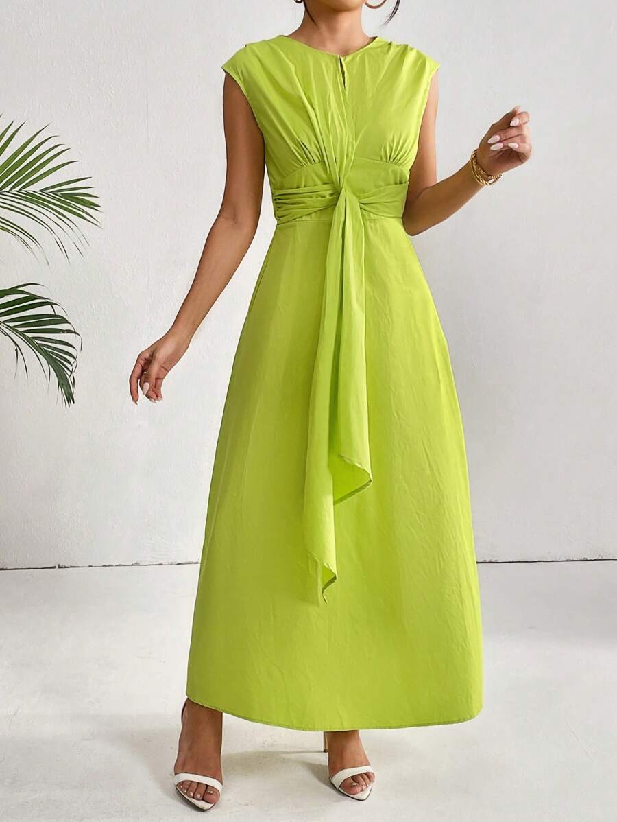 SHEIN Privé Chất rắn Tie Trước Váy chữ A - Màu xanh chanh - Xem 1