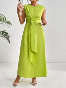 SHEIN Privé Chất rắn Tie Trước Váy chữ A - Màu xanh chanh - Xem 4