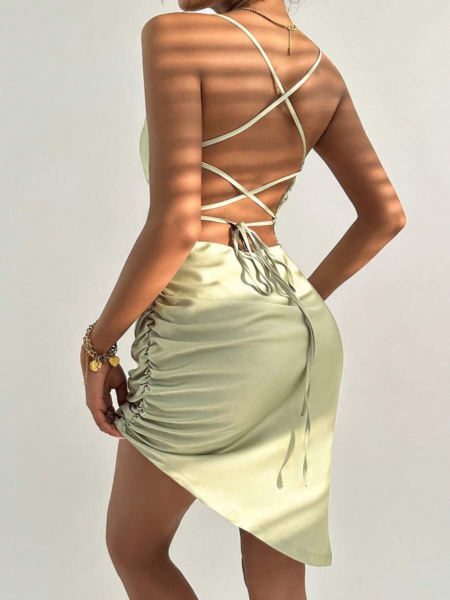SHEIN Privé 露背繫帶側抽繩吊帶連衣裙 - 薄荷綠 - 查看 1