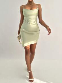 SHEIN Privé 露背繫帶側抽繩吊帶連衣裙 - 薄荷綠 - 查看 4