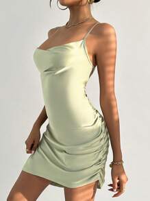 SHEIN Privé 露背繫帶側抽繩吊帶連衣裙 - 薄荷綠 - 查看 5