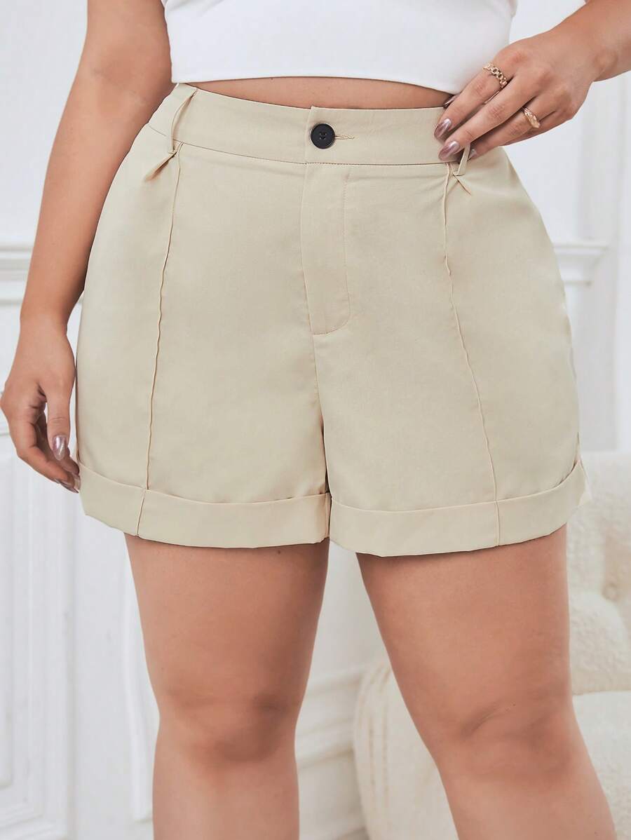 SHEIN Essnce 大碼高腰卷邊短褲 - 卡其色 - 查看 1