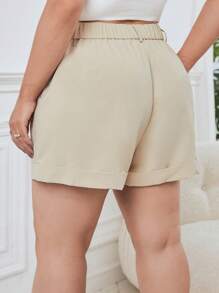 SHEIN Essnce 大碼高腰卷邊短褲 - 卡其色 - 查看 2