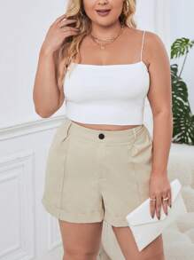 SHEIN Essnce 大碼高腰卷邊短褲 - 卡其色 - 查看 3