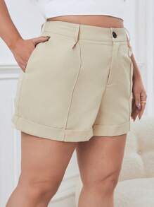 SHEIN Essnce 大碼高腰卷邊短褲 - 卡其色 - 查看 4