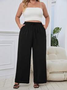 SHEIN Essnce 大碼腰部抽繩闊腿褲 - 黑色 - 查看 1