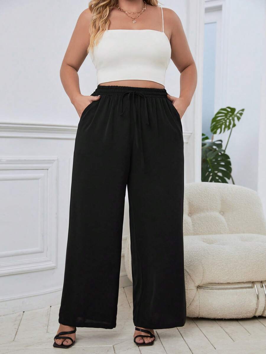 SHEIN Essnce 大碼腰部抽繩闊腿褲 - 黑色 - 查看 1