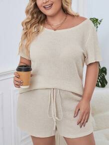 SHEIN Essnce Hơn Dệt kim Waffle Áo thun & Eo dây rút Quần short - Màu be - Xem 1