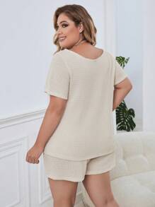 SHEIN Essnce Hơn Dệt kim Waffle Áo thun & Eo dây rút Quần short - Màu be - Xem 2