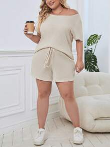 SHEIN Essnce Hơn Dệt kim Waffle Áo thun & Eo dây rút Quần short - Màu be - Xem 3