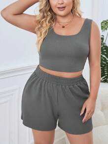 SHEIN Essnce Hơn Chất rắn Áo ba lỗ & Quần short - Màu xám đen - Xem 1