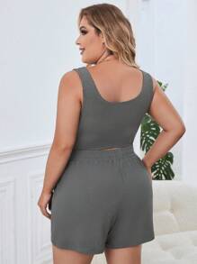 SHEIN Essnce Hơn Chất rắn Áo ba lỗ & Quần short - Màu xám đen - Xem 2