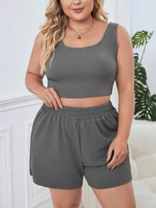 SHEIN Essnce Hơn Chất rắn Áo ba lỗ & Quần short - Màu xám đen - Xem 3