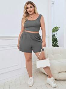 SHEIN Essnce Hơn Chất rắn Áo ba lỗ & Quần short - Màu xám đen - Xem 4