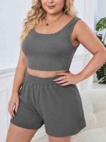 SHEIN Essnce Hơn Chất rắn Áo ba lỗ & Quần short - Màu xám đen - Xem 5