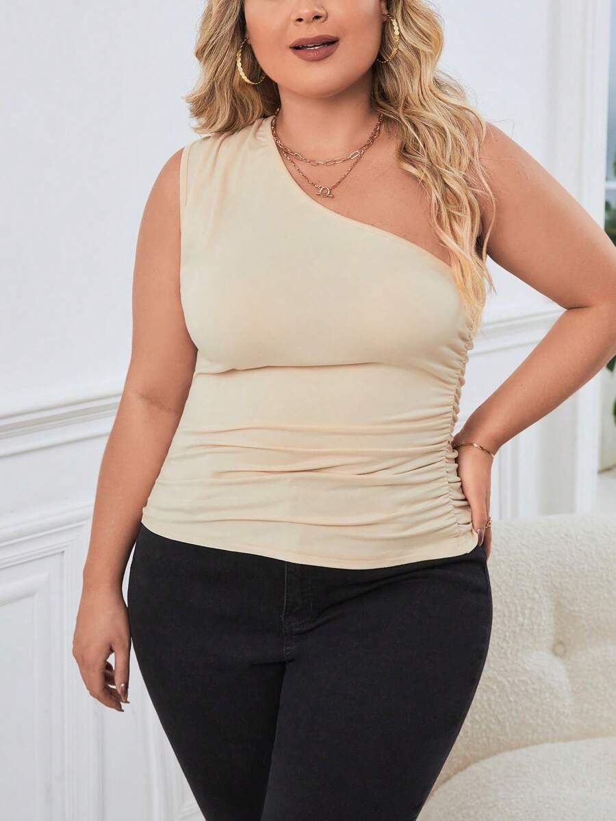 SHEIN Privé Talla grande Top de un hombro fruncido - Albaricoque - Ver 1