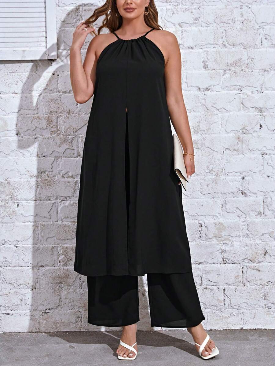 SHEIN Essnce Plus Solid Tied Backless Top & Wide Leg Trousers - Black - View 1