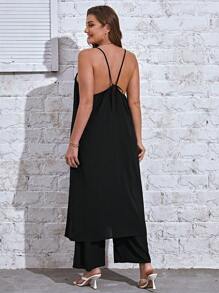 SHEIN Essnce Plus Solid Tied Backless Top & Wide Leg Trousers - Black - View 2
